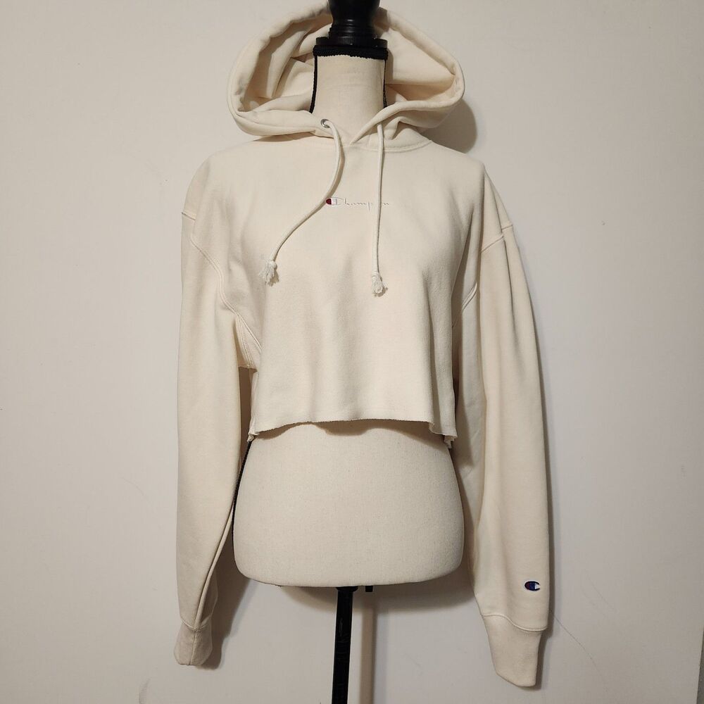 NWT Champion Reverse Weave Oversize Crop Hoodie Sweatshirt Off White Sz S